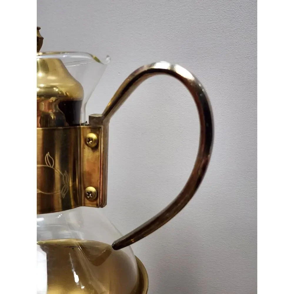 Vintage MCM Brass & Glass Coffee/Tea Carafe Warmer Stand Etched